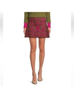 J. Marie Olivia Embroidered Floral Mini Skirt XL Pink Green Cotton Floral Boho
